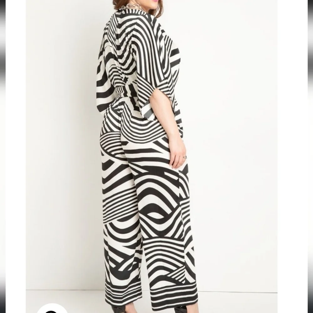 Eloquii Womens Plus 26 3X Wide Leg Jumpsuit Black White Cropped Pockets NWT - Picture 2 of 8